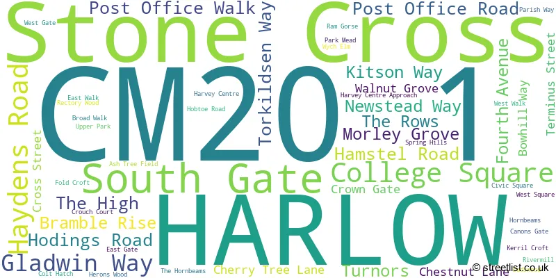 A word cloud for the CM20 1 postcode